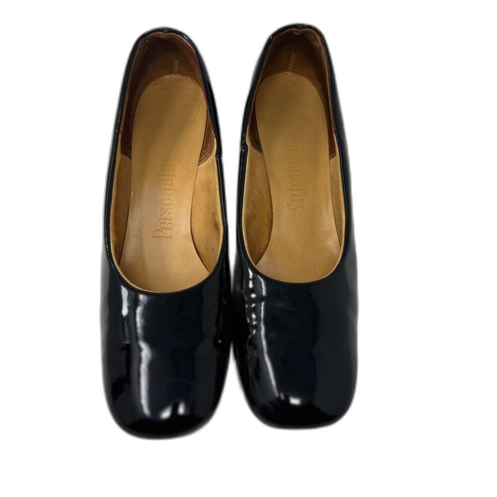 BLACK PATENT LEATHER SHINY Block Heel Pumps 60S MOD SHOES 10